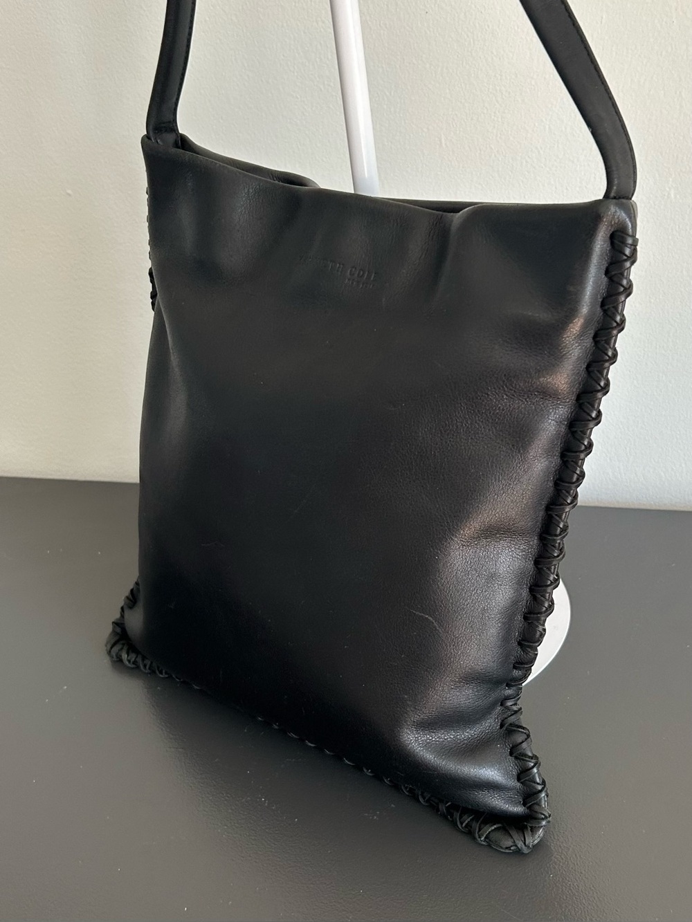 Kenneth Cole Black Leather Whipstitch Hobo Shoulder Bag Slouchy Y2K - Picture 5 of 13